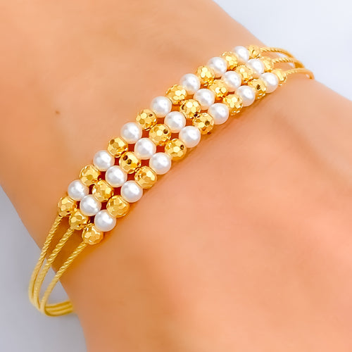 Dazzling Triple Lined 22k Gold Flexi Bangle Bracelet W/Pearl 