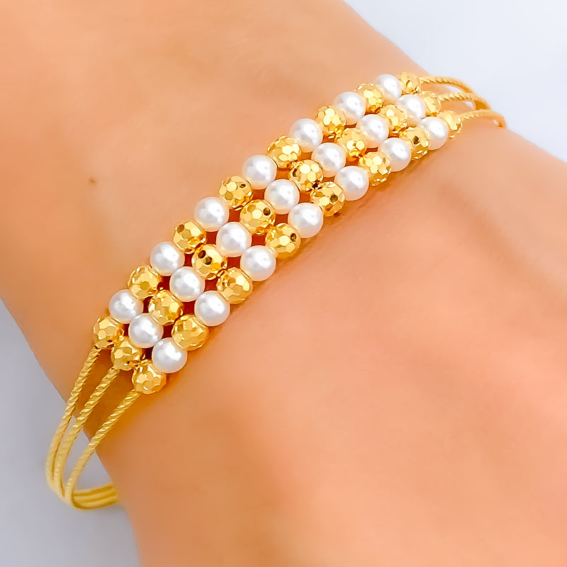 Dazzling Triple Lined 22k Gold Flexi Bangle Bracelet W/Pearl 