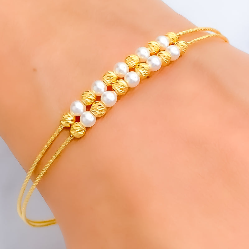Shimmering Dual Lined 22k Gold Flexi Bangle Bracelet W/Pearl