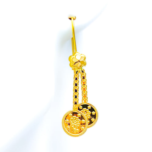 Floral Twin Coin 22K Gold Hanging Hook Earrings 