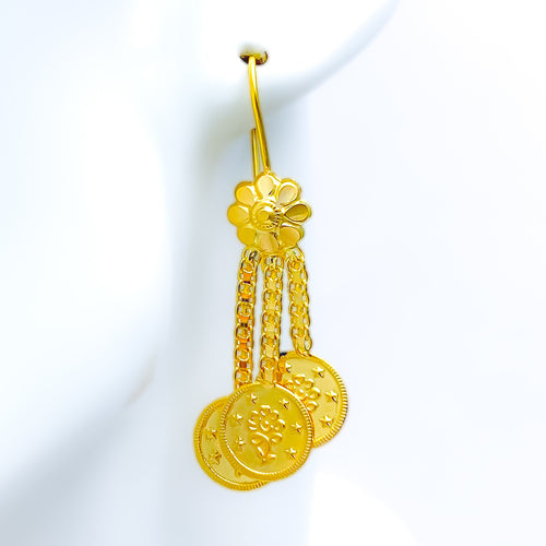 Dangling Floral 22K Gold Hook Earrings 