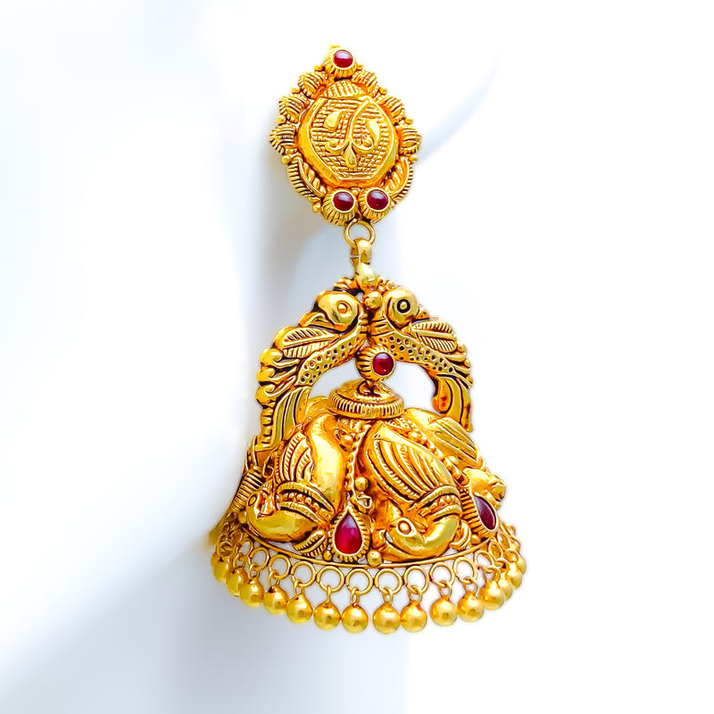 Majestic 22K Gold Antique Peacock Jhumki Earrings