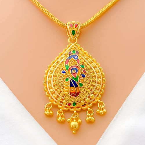 Vibrant Peacock Adorned 22k Gold Pendant 