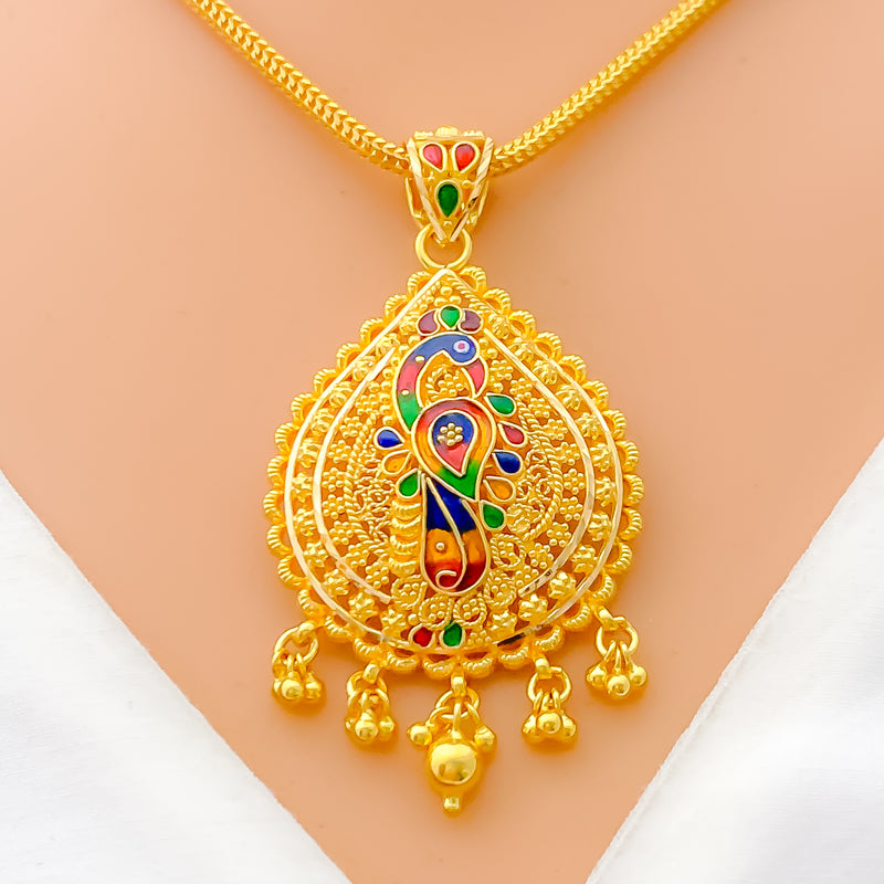 Vibrant Peacock Adorned 22k Gold Pendant 
