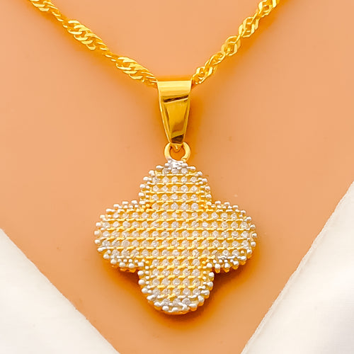 Opulent Sparkling Clover 21k Gold Reversable CZ Pendant W/Chain