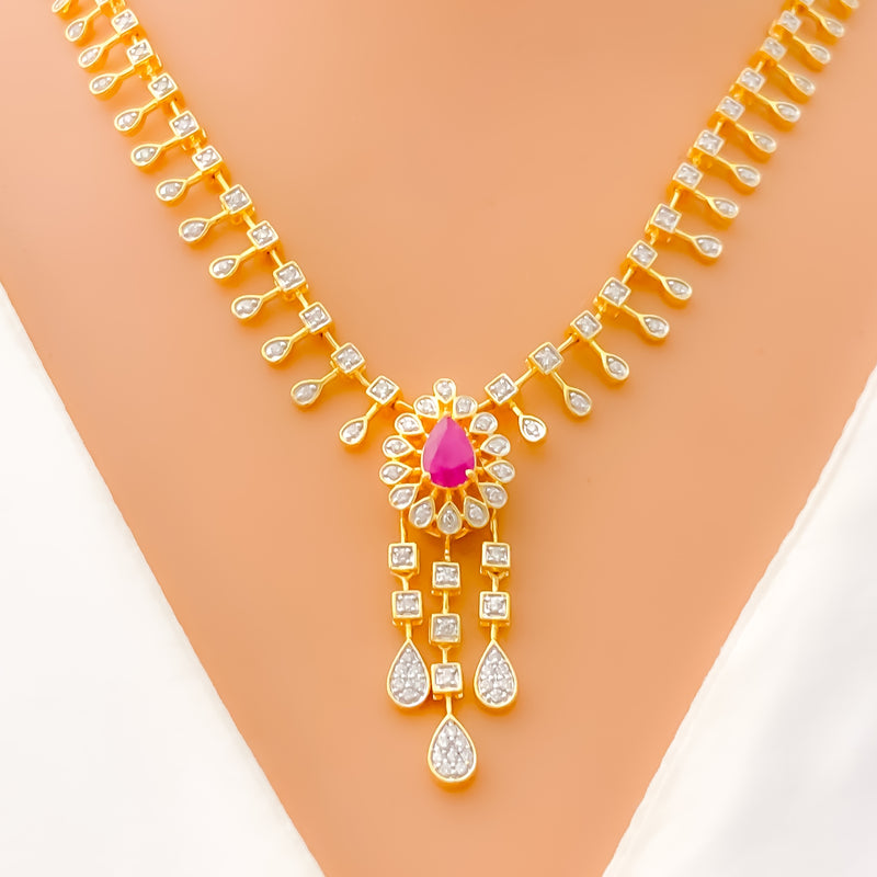 Stylish Floral Drop Diamond + 18k Gold Necklace Set 