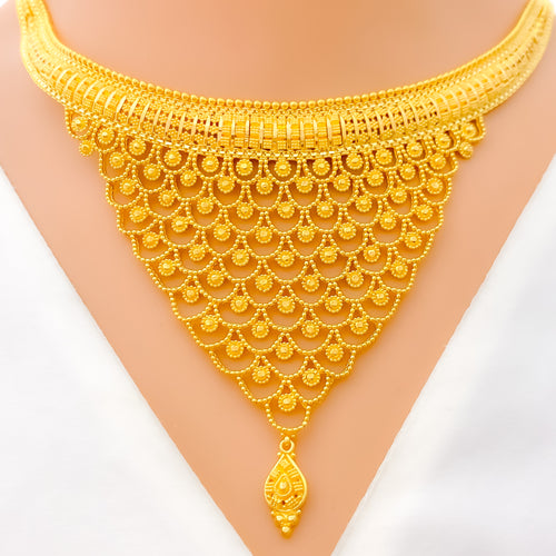 Opulent Floral V Shaped 22k Gold Necklace Set 