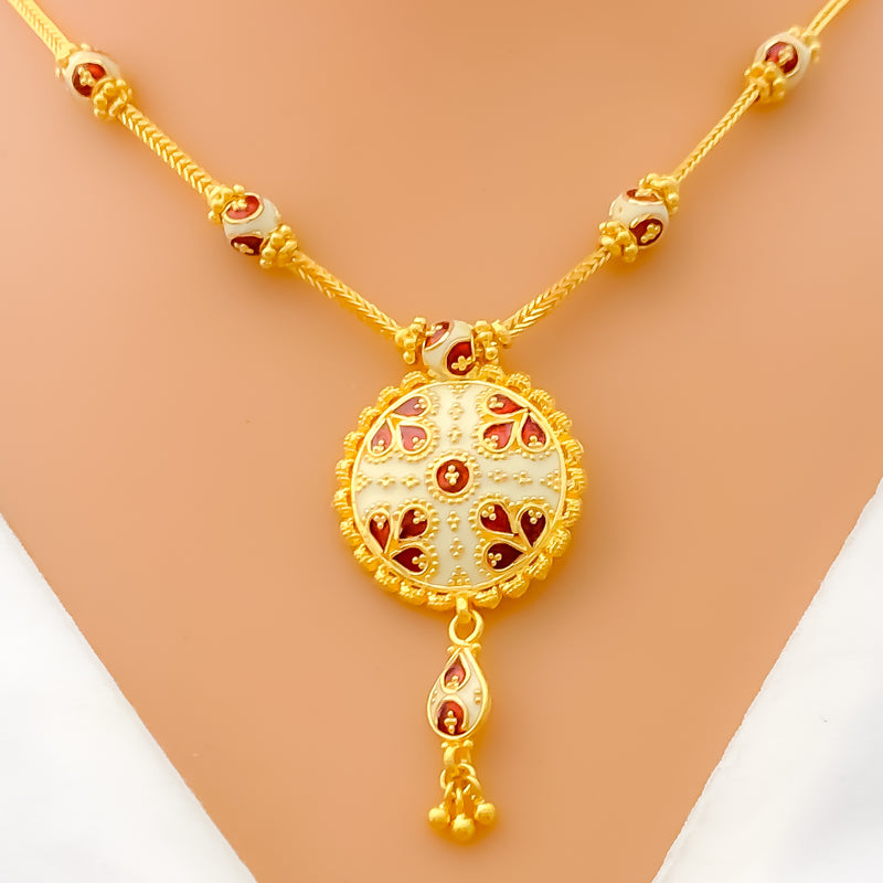 Festive Floral White Enamel 22k Gold Necklace Set 