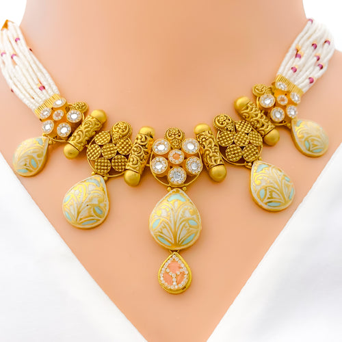 Unique Pastel Enameled 22k Gold Necklace Set
