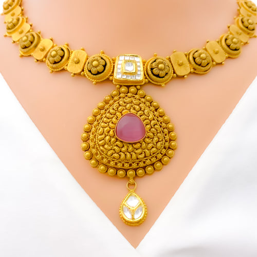 Delightful Floral Drop 22k Gold Necklace Set