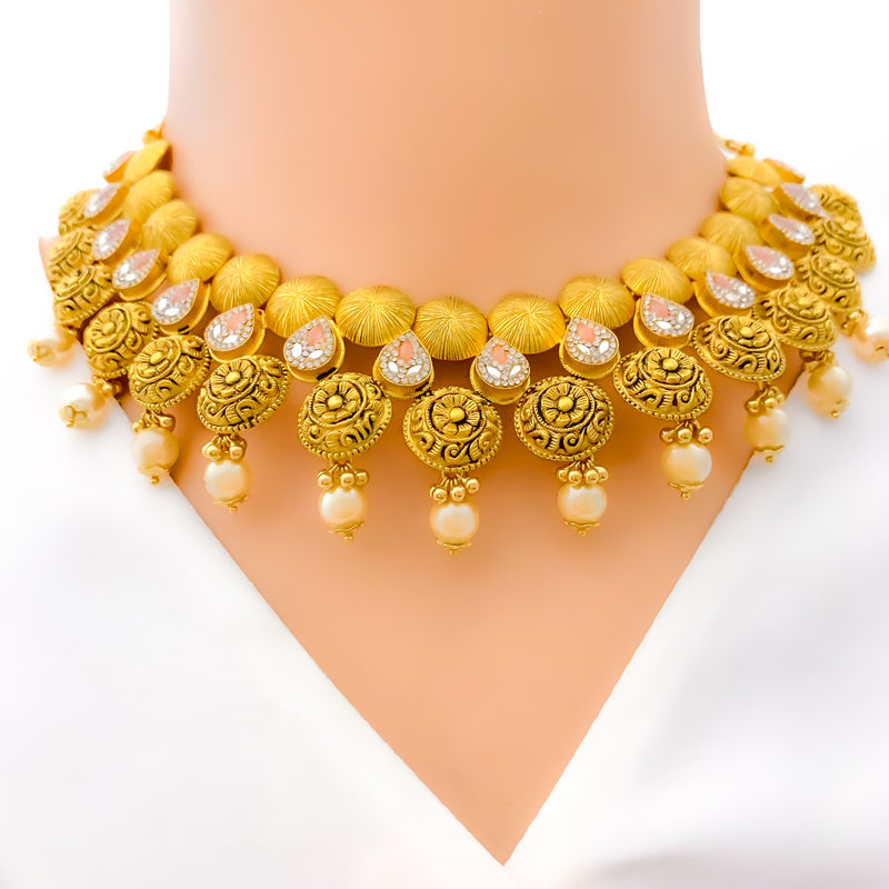 Traditional Textured 22k Gold Floral Necklace Set