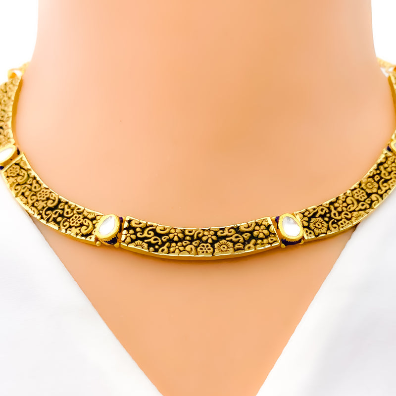 Floral Antique Engraved 22k Gold Choker Necklace