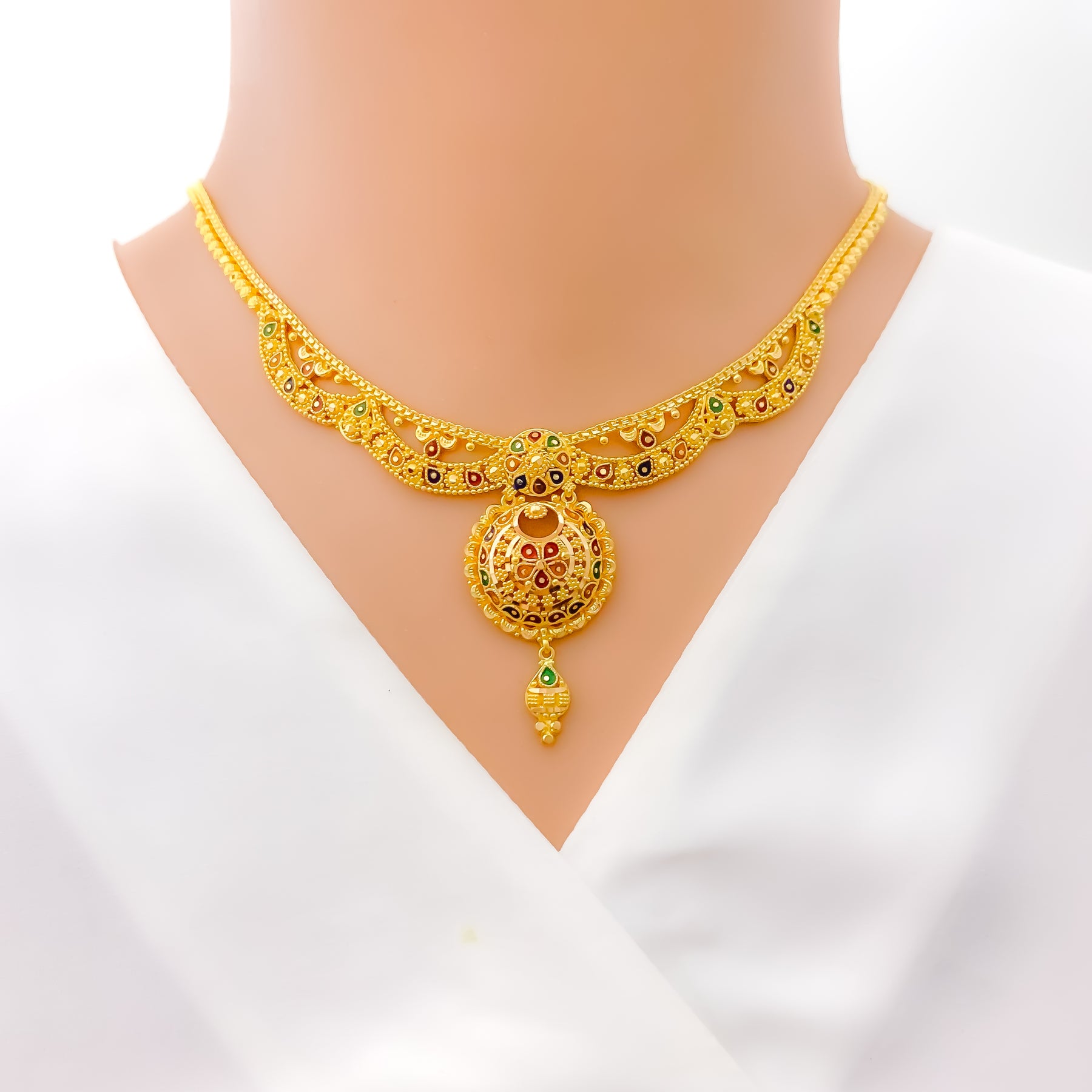 22K Yellow Gold Meenakari Necklace Set W/ Wheat Chains & Abstract Pend –  Virani Jewelers