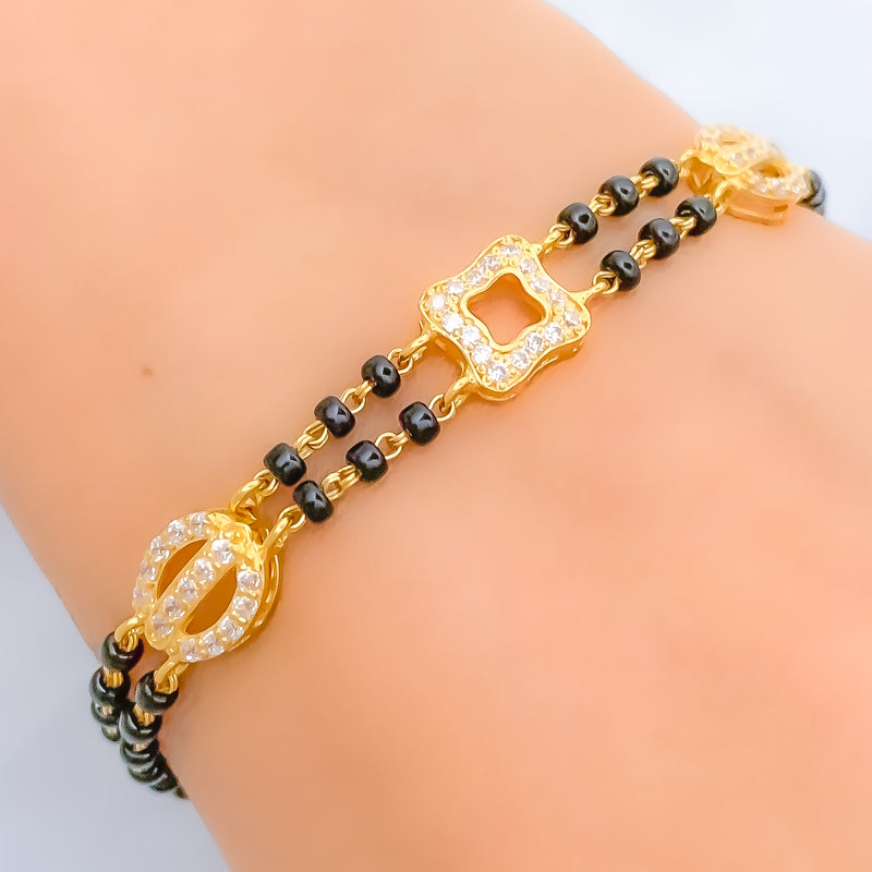 Graceful Alternating 22k Gold CZ Black Bead Bracelet 