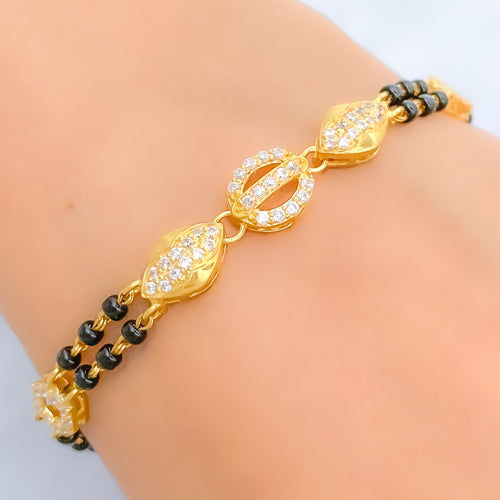 Leaf Accented 22k Gold CZ Black Bead Bracelet 