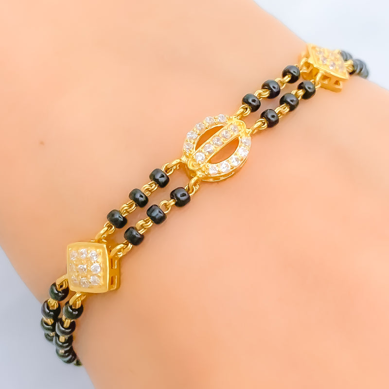 Dazzling Diamond Shaped 22k Gold CZ Black Bead Bracelet 