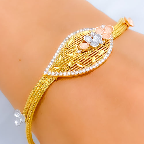 Embellished Striped Leaf 22k Gold CZ Bracelet 