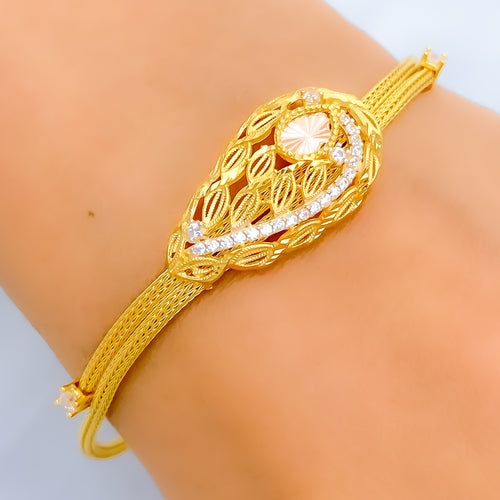 Dazzling Leaf Adorned 22k Gold CZ Bracelet