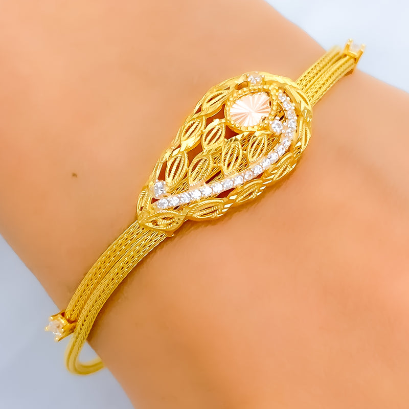 Dazzling Leaf Adorned 22k Gold CZ Bracelet