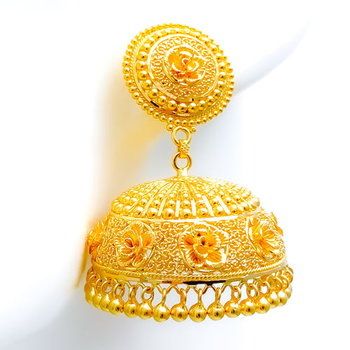 Impressive Filigree Flower 22k Gold Jhumki Earrings 