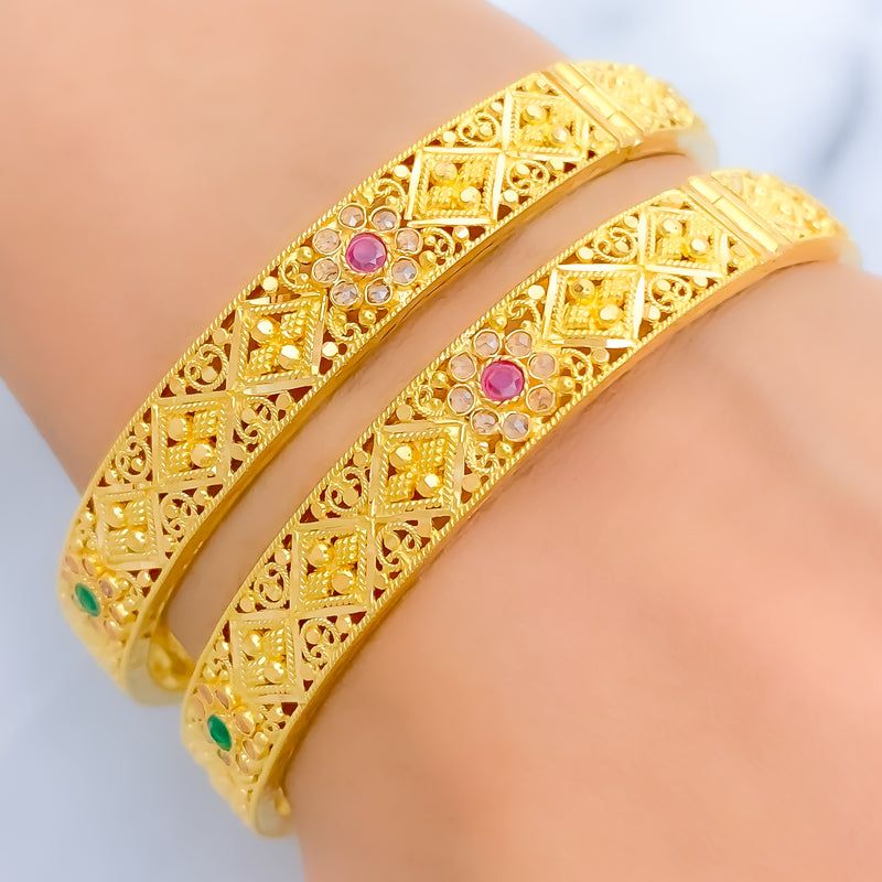 Tasteful Traditional 22k Gold Floral Bangle Pair 