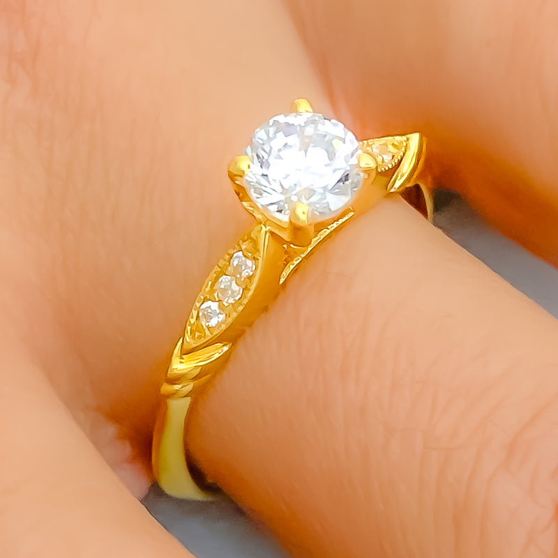 Glossy Leaf Adorned CZ Solitaire 22k Gold Ring