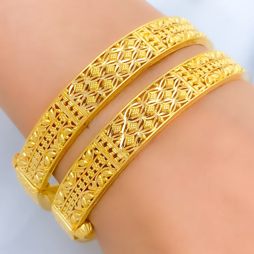 Radiant Reflective Floral Netted 22k Gold Bangles