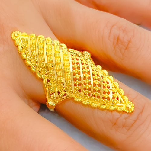 Shimmering Diagonal Striped 22k Gold Elongated Ring