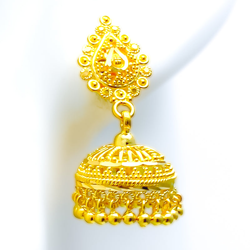 Decorative Floral Striped 22k Gold Jhumki Earrings 