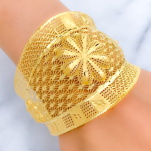 Bold Engraved Floral 21K Gold Bangle Bracelet