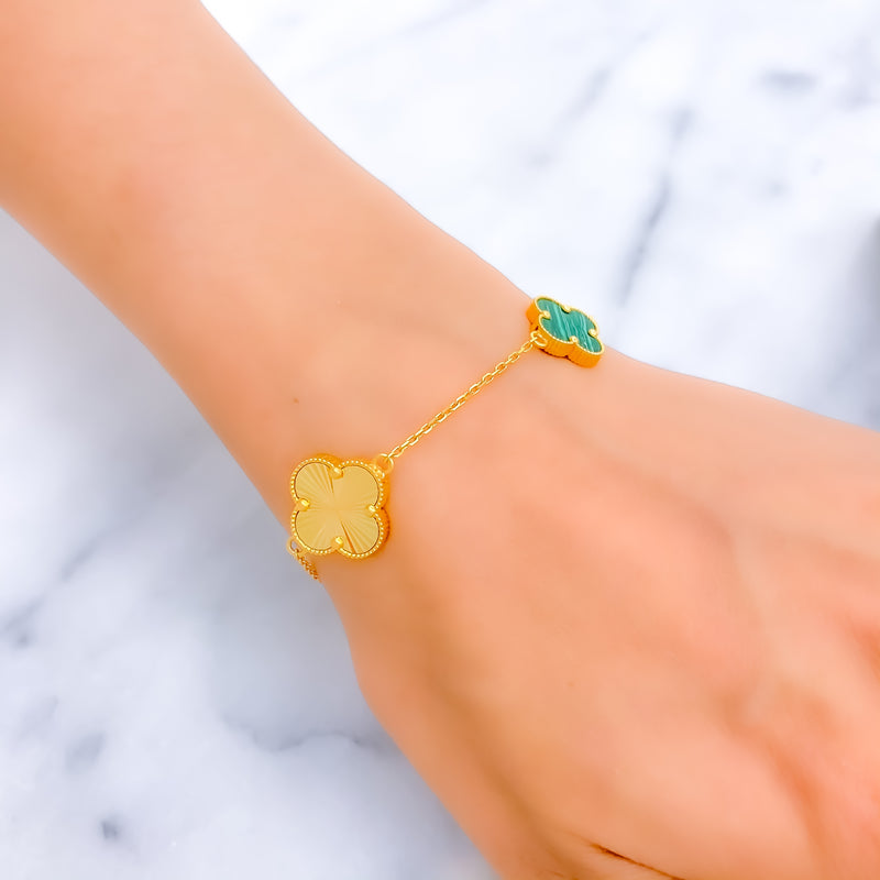Lush Green Malachite 21k Gold Clover Bracelet 