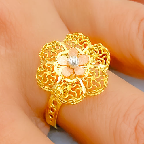 Three Tone Flower Mesh 22K Gold Ring