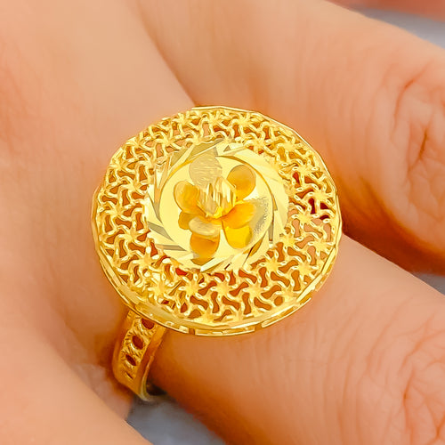 Charming Radiant Round Floral Jali 22K Gold Ring