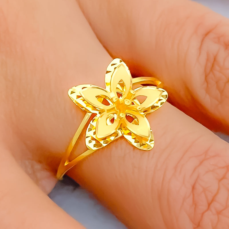 Reflective Dual Layered 22K Gold Flower Ring 