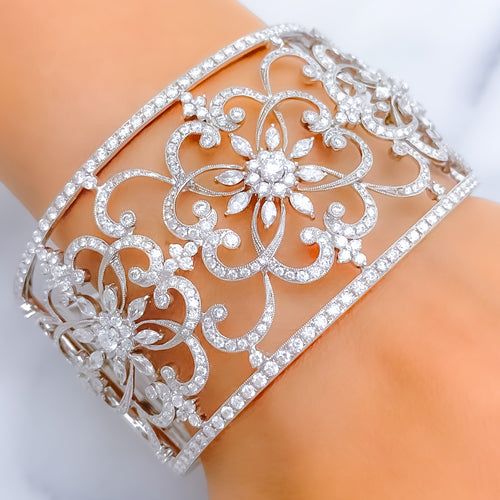 Extravagant Floral Motif Diamond + 18k Gold Bangle Bracelet
