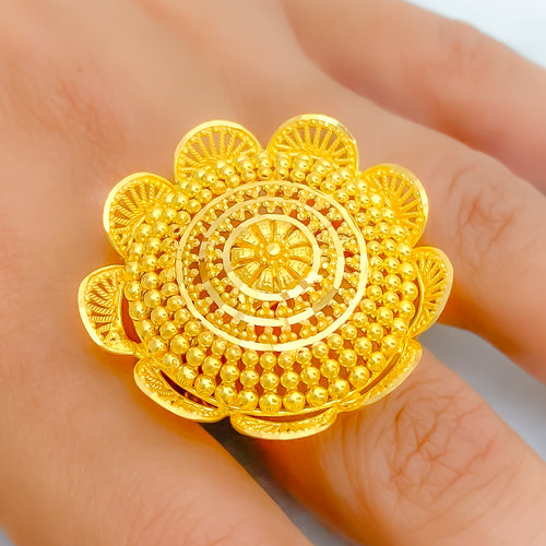 Charming Beaded Flower 22k Gold Statement Ring 