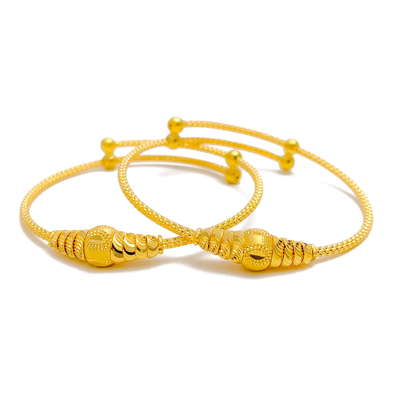Shiny Leaf Accented Orb 22k Gold Baby Bangles 