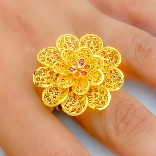 Beautiful Floral 22k Gold Color Accented Statement Ring