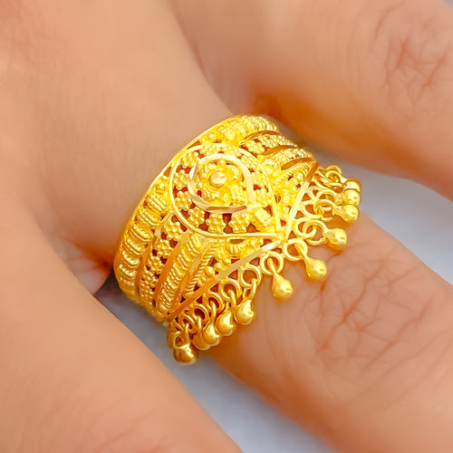 Graceful Floral Tasseled 22K Gold Spiral Ring