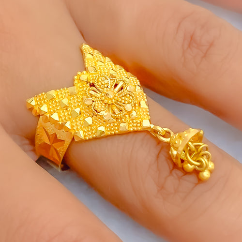 Bold Tasseled 22K Gold V Shaped Ring 