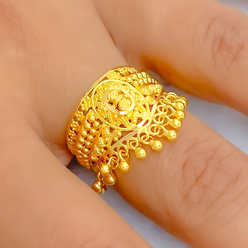 Decorative Beaded Tasseled 22K Gold Ring 