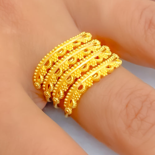 Alternating Beaded Flower 22K Gold Spiral Ring 