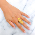 Glossy Asymmetrical Leaf 22k Gold Elongated Ring 