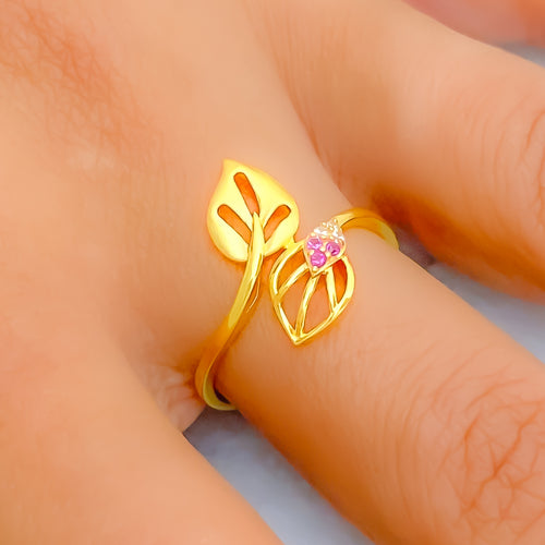 Stunning Slender Leaf 22k Gold CZ Ring