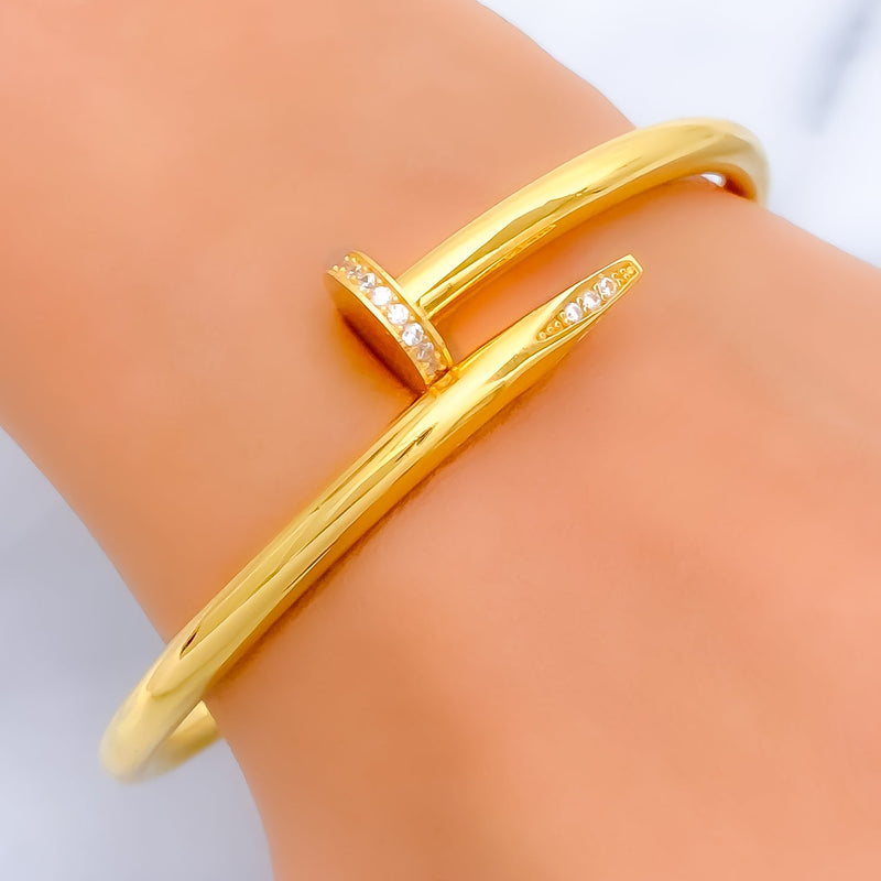 Glistening 21K Gold Nail CZ Bangle Bracelet