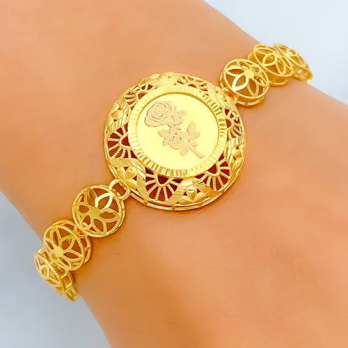 Delicate Flower Adorned 21k Gold Coin Bracelet 