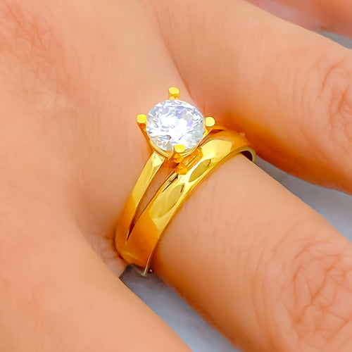 Dual Band 22k Gold CZ Ring w/ Solitaire 