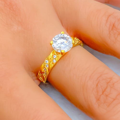 Sleek Twisted 22k Gold CZ Ring w/ Solitaire 