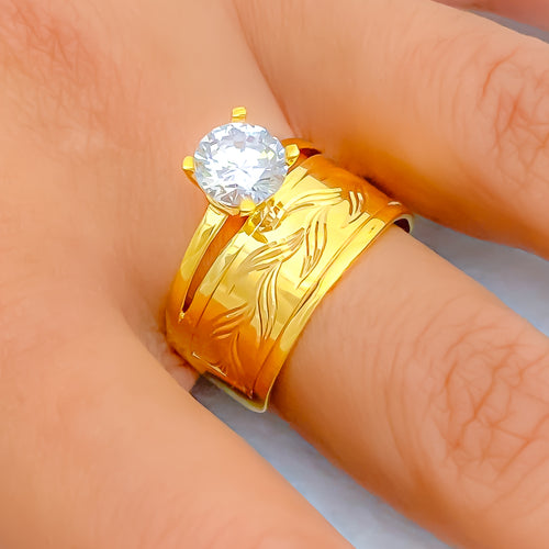 Embossed Leaf 22k Gold CZ Ring w/ Solitaire 