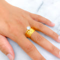 Embossed Leaf 22k Gold CZ Ring w/ Solitaire 